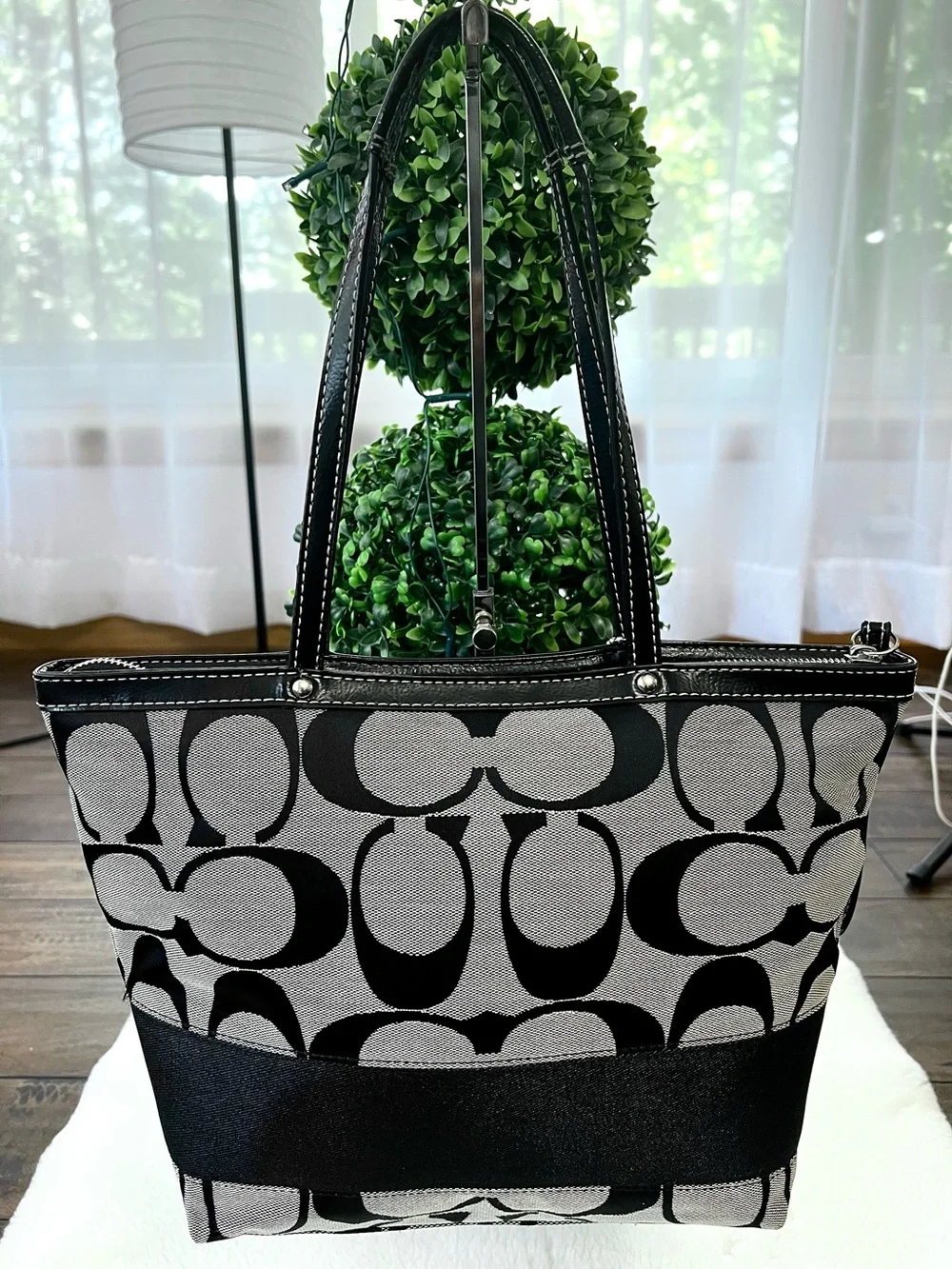 Coach Signature Stripe Tote Light Gray Black With Patent Leather